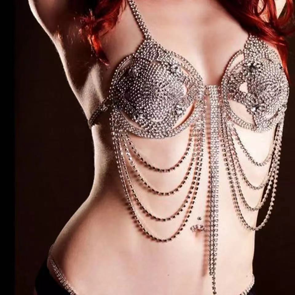 Europäische und Amerikanische Übertriebene Diamant-Fransen Körperkette, Luxuriöses Temperament Nachtclub Bikini Brustkette Körperkette
