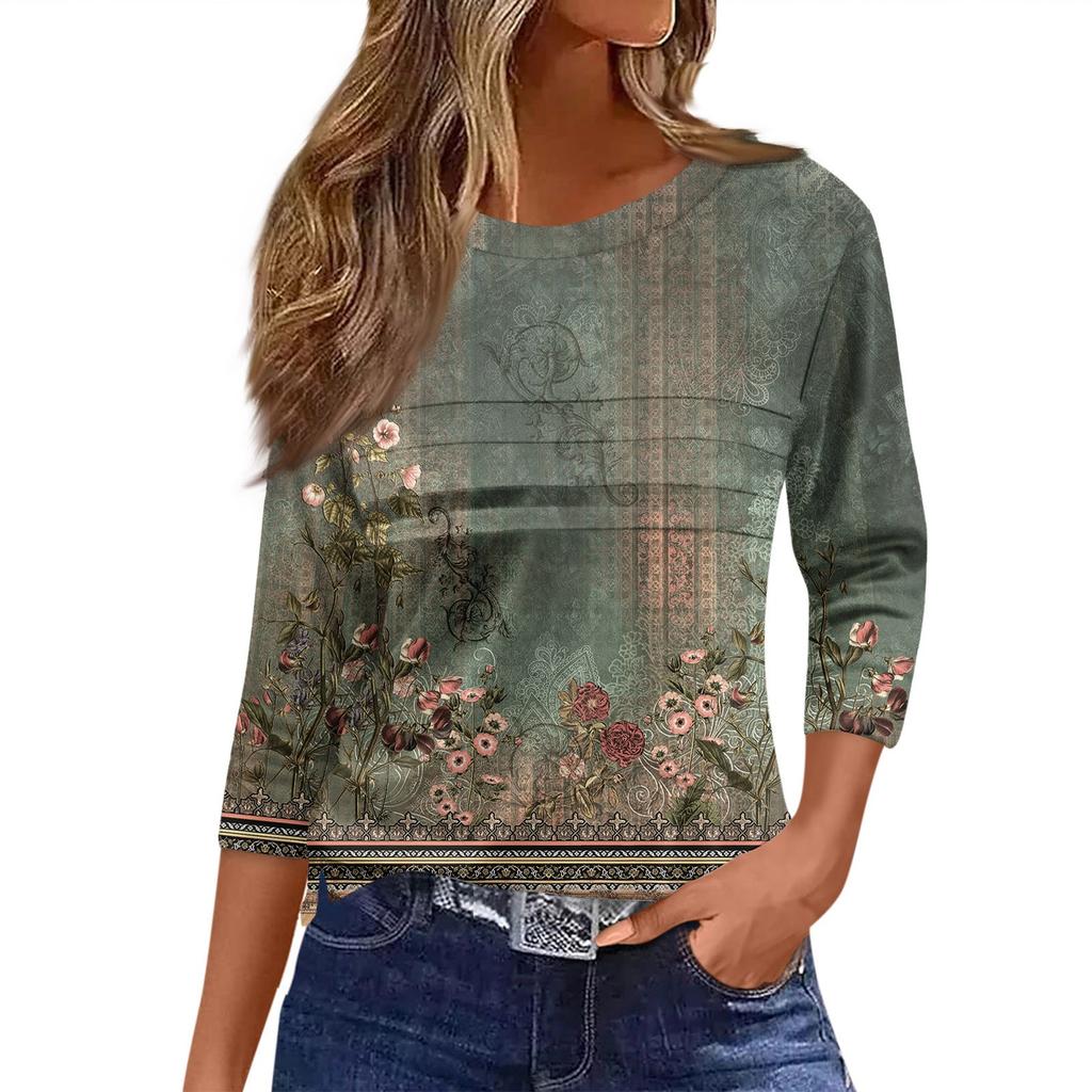 Damenmode Lässig Locker 3/4-Ärmel Blumenmuster Rundhals Oberteil