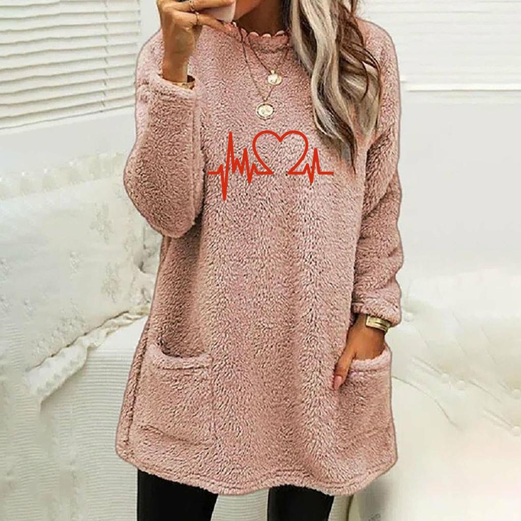 2023 Autumn/Winter Women's Loose Heart Print Double-sided Fleece Sweatshirt with Pockets