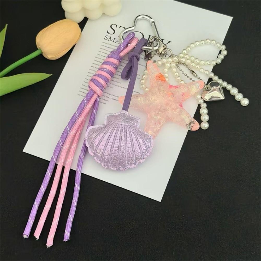 

DIY Jewelry Starfish Shell Keychain Pearl Bow Key Ring Fashion Mobile Chain Pendant Women Girls розовый