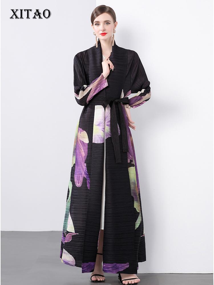 

XITAO Fold Print Регулируемая талия Тренч с открытым швом HQQ2376