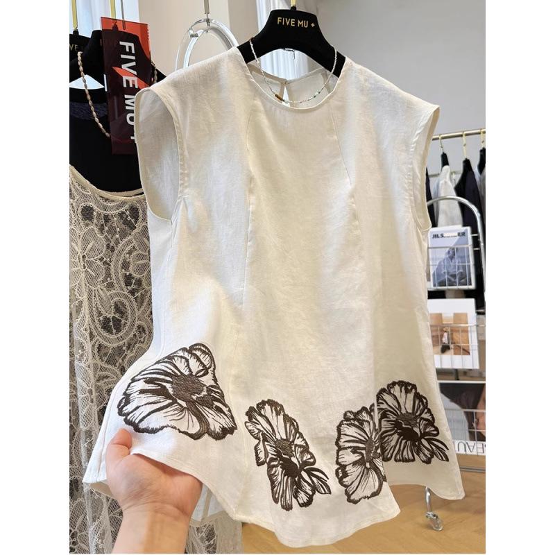 Women s Sleeveless Embroidered Floral Cotton-Linen Summer Top M