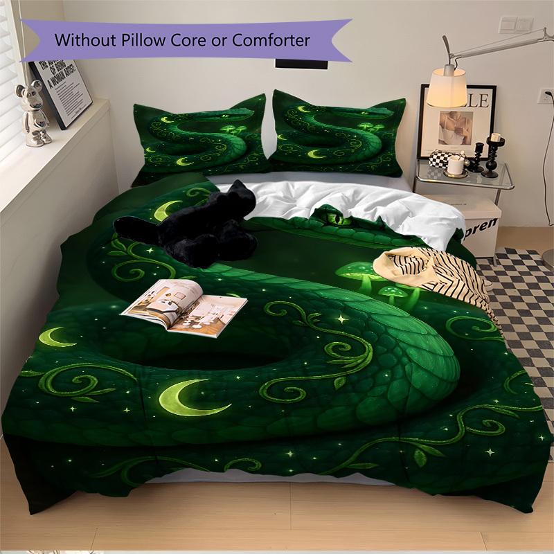 3pcs Green Serpent Print Duvet Cover Set, Cover For Bedroom Guest Room (1 Duvet Cover + 2 Pillowcase, Without Quilt), yy250922220