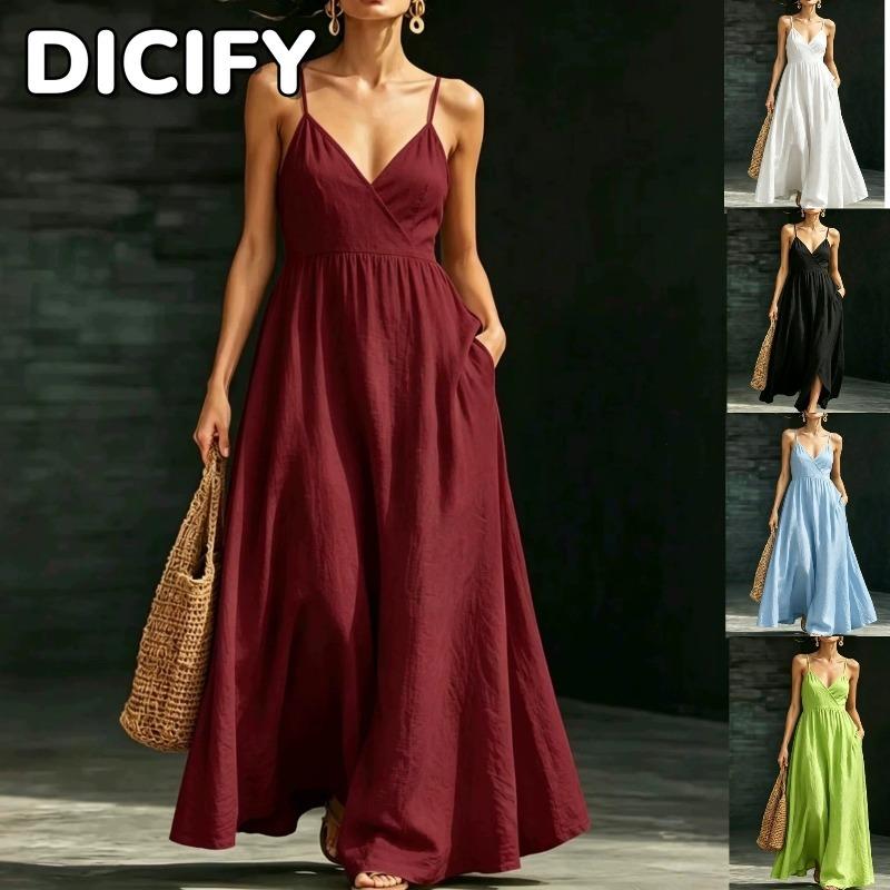 DICIFY Women's Fashion Sleeveless V-Neck Summer Spring Solid Color Print Casual Dresses