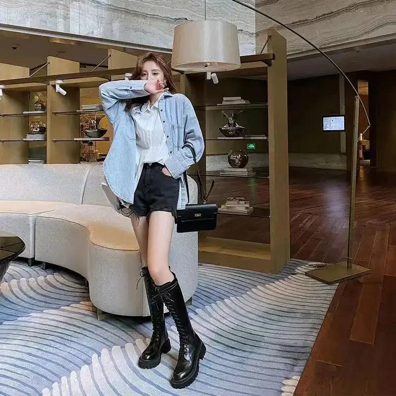 Mode Winterstiefel Damen Kniehohe Stiefel Plateau PU-Leder Erhöhend Lang Damen Schnürstiefeletten Mujer 2024 Reißverschluss Chelsea Damenschuhe