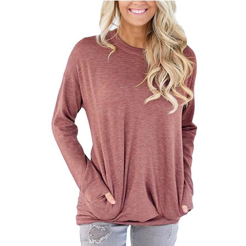 

VEZFAA Женская мода Повседневная весна-осень Однотонные принты Длинные рукава О-образный вырез Блузки и рубашки XXL кирпич красный