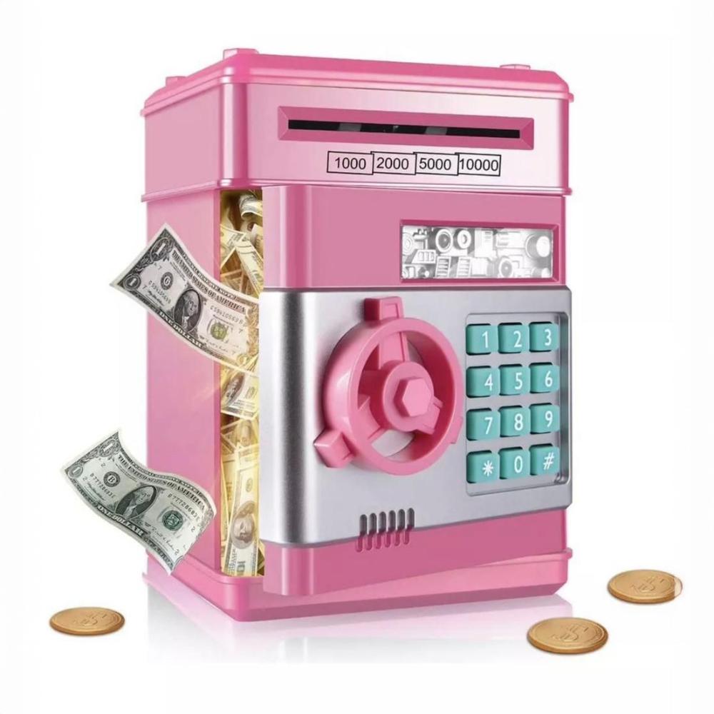 Safe Piggy Bank for Children with a Pin, Large Electronic ATM, Pink Coins