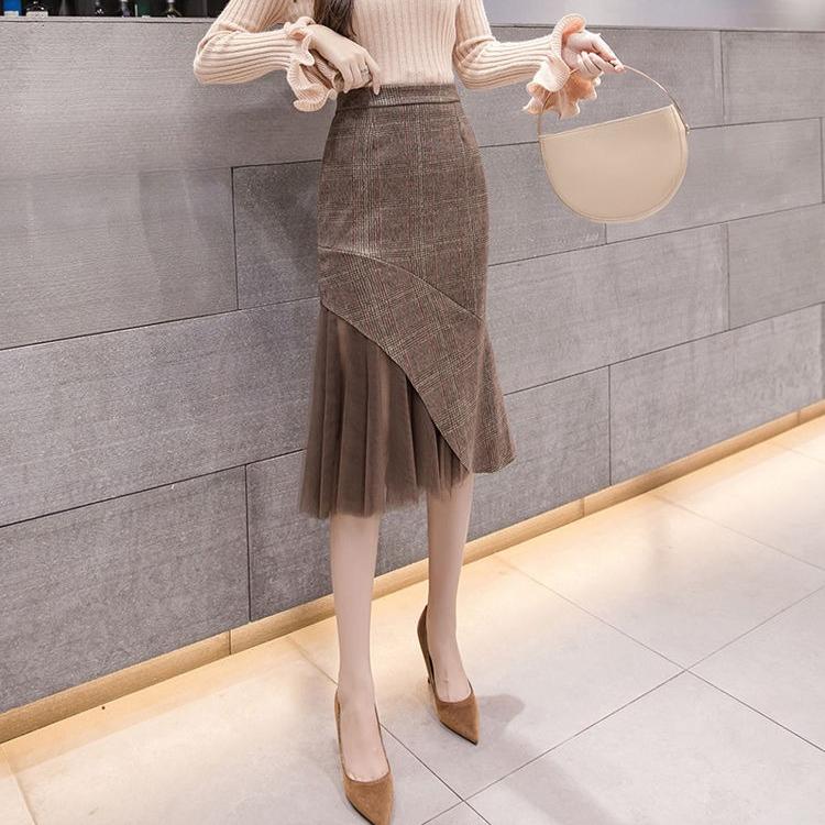 

Женская юбка-карандаш в клетку с высокой талией, осенняя универсальная миди-юбка с рыбьим хвостом XXL хаки