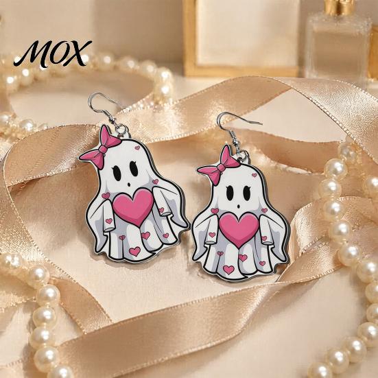 Drop Earrings Pink Heart Ghost Earrings, Cute with Bow Lightweight Acrylic Halloween for Girls Women Durable