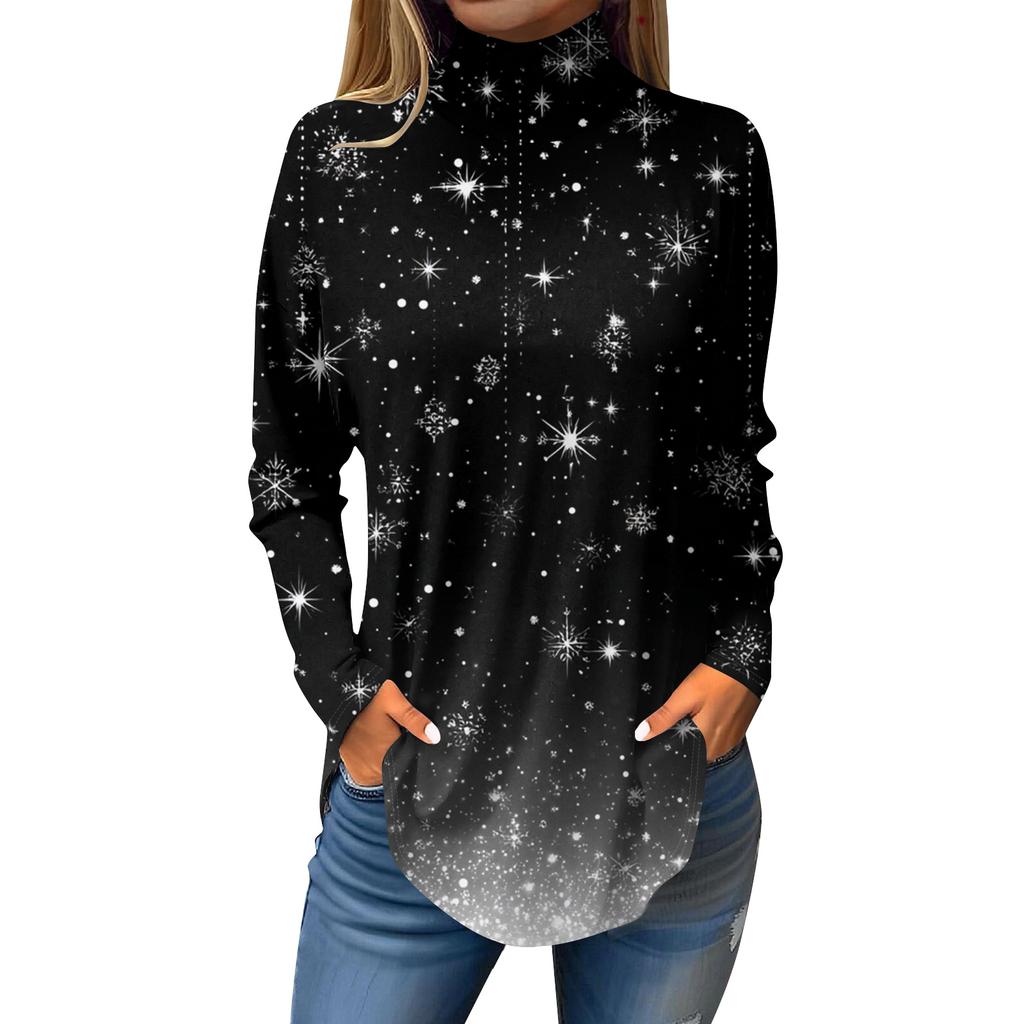 Women's Fashionable Loose-Fit High-Neck T-Shirt With Christmas Print Long-Sleeved Top