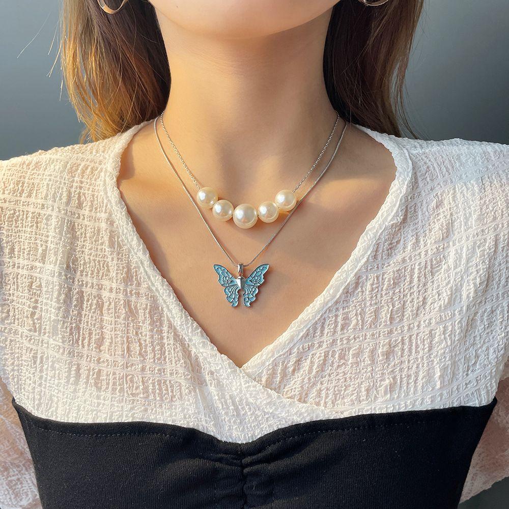 

Sweet Elegant Trendy For Girls Party Korean Necklaces Pearl Woman Clavicle Choker Butterfly фиолетовый
