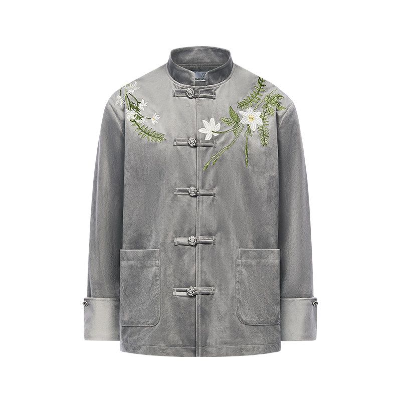 

HACR Women Harshandcruel New Chinese Style over the Shoulder Florals Embroider Velvet Stand Collar Frog Button Cardigan Outwear Silver Gray XL