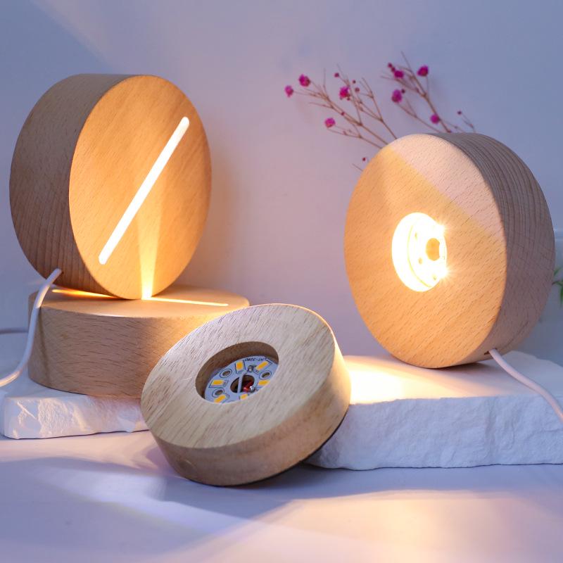 Round LED Night Light with Luminous Crystal Ball and Wooden Base for Bedroom