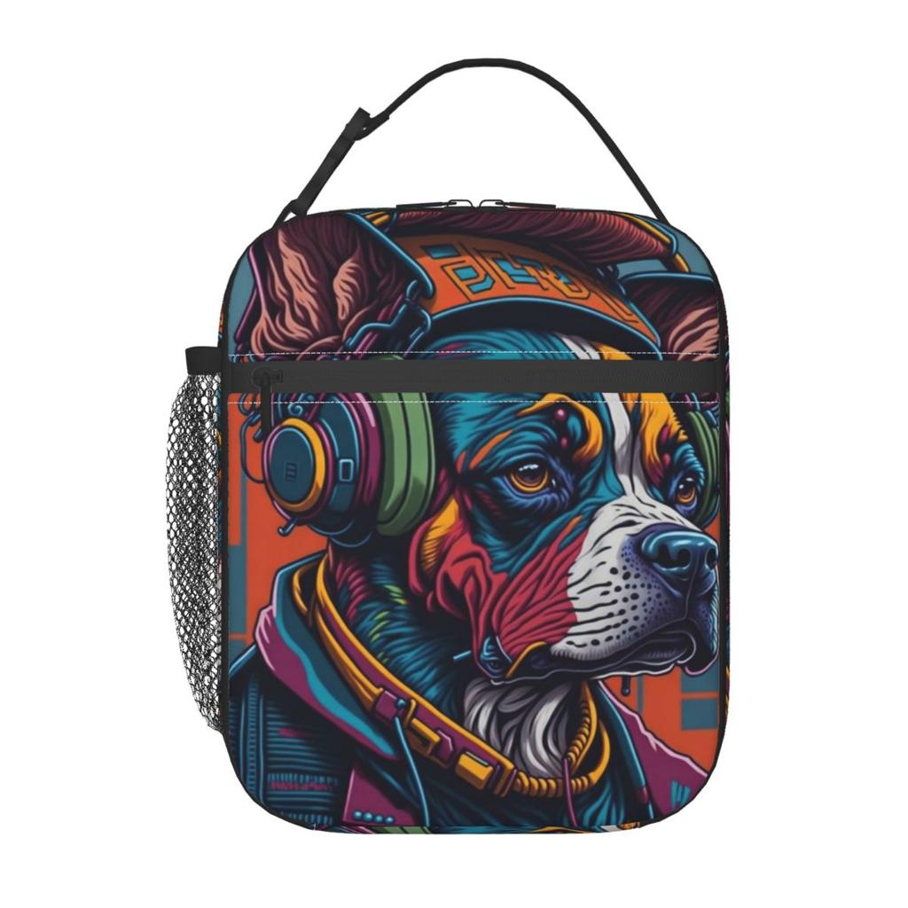 Dog Wearing Headphones And Colorful Jacket Print Insulated Lunch Bag for Women Kids Portable Food Boxes Thermal Lunch Box Tote
