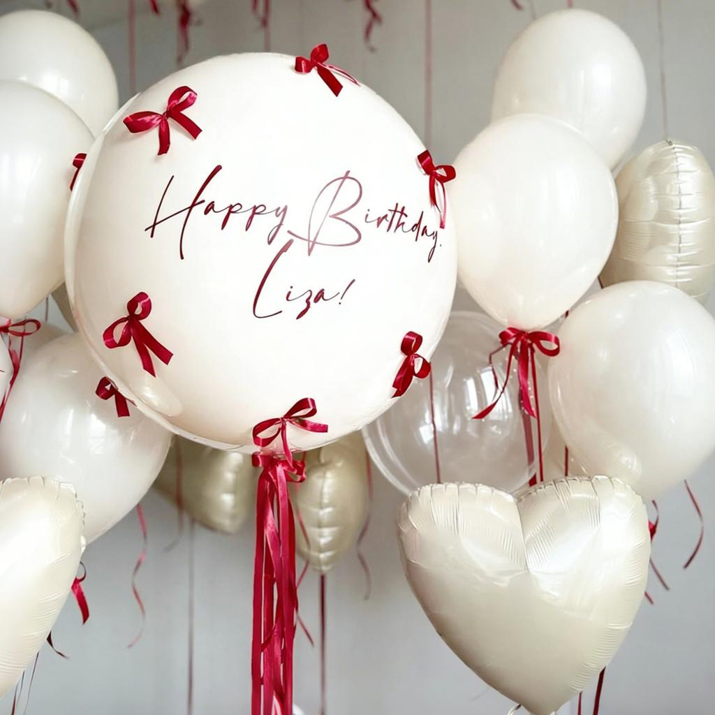 Sand white bobo balloon set with red ribbon bow decoration for birthday, wedding, shower, proposal, anniversary decoration