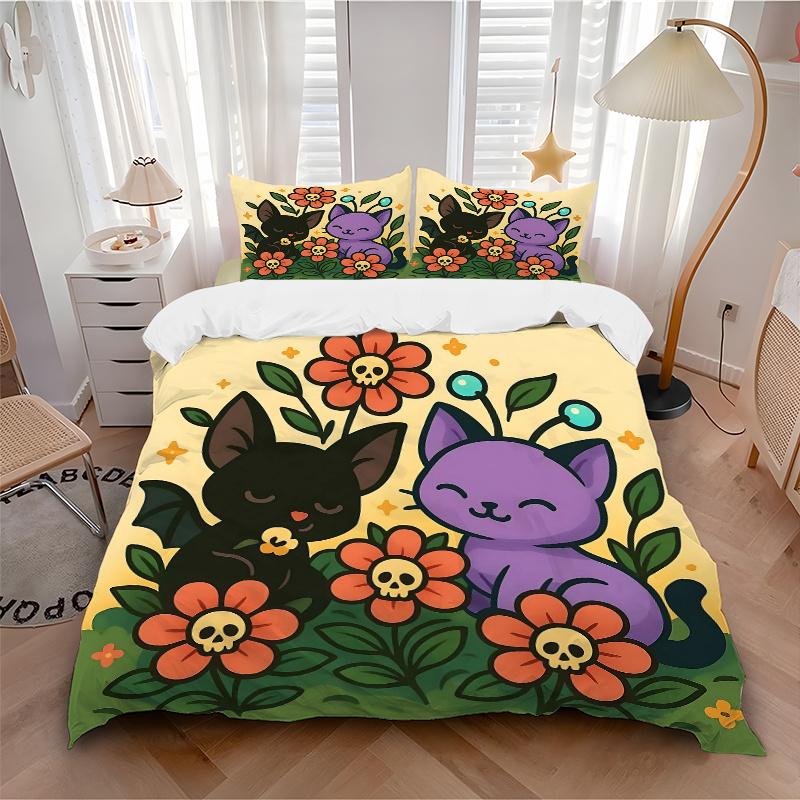 3pcs Purple Cat & Black Bat Cute Cartoon Quilt Cover Set (1 Quilt Cover + 2 Pillowcases Without Pillow Core), High-Definition Printing for Home a