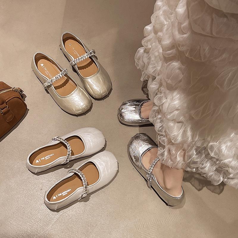 French rhinestone silver Mary Jane shoes women's 2025 autumn and summer new models with skirts, evening small leather shoes, flat shoes
