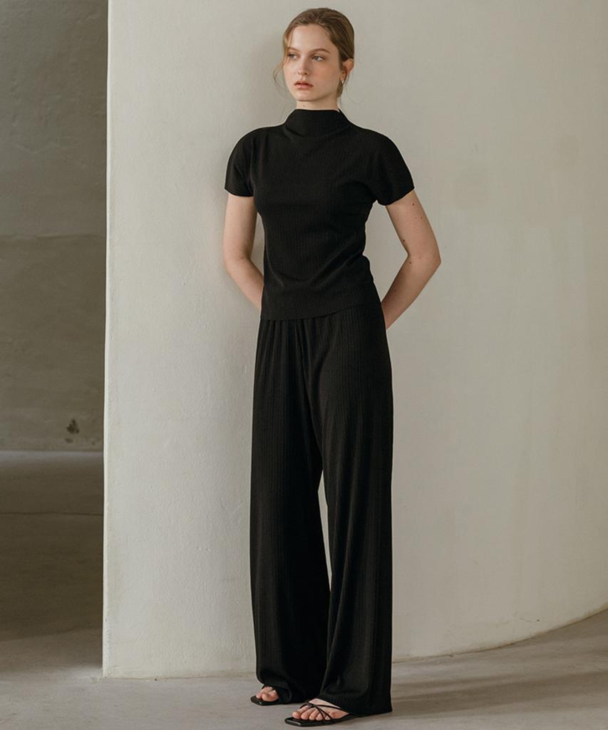 Akitaipeu Pleated Set-Up Elastic Waist Pants_Black
