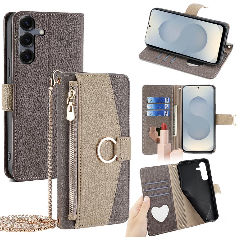 For Samsung Galaxy S25+ Case Mirror Wallet Leather Phone Cover with Chain Shoulder Strap