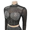 Trendy European American Women Solid Color Mesh Long Sleeve Trousers Two Piece Set Fashionable Outfit