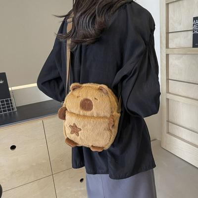 Cute Cartoon Capybara Crossbody Phone Bag Plush Zipper Shoulder Bag Large Capacity with Adjustable Strap Chest Bag