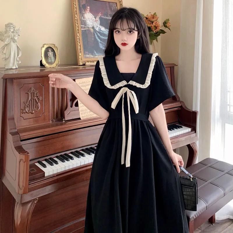 Plus Size Women s Summer Black Doll Collar Dress - French Academy Style with Lace-up Waist 2XL