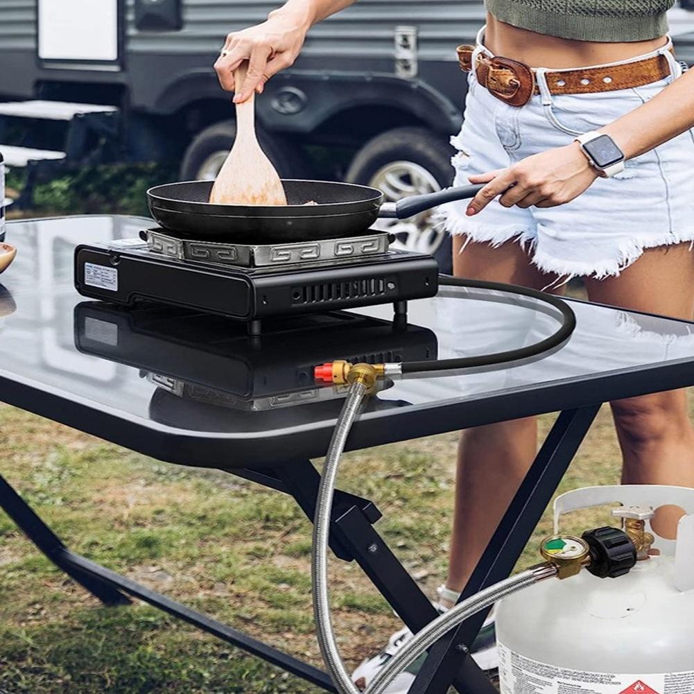 Propane Hose Adapter 6FT with Built in Gauge for Outdoor Cooking Gear including Q Grills and For Coleman Stoves