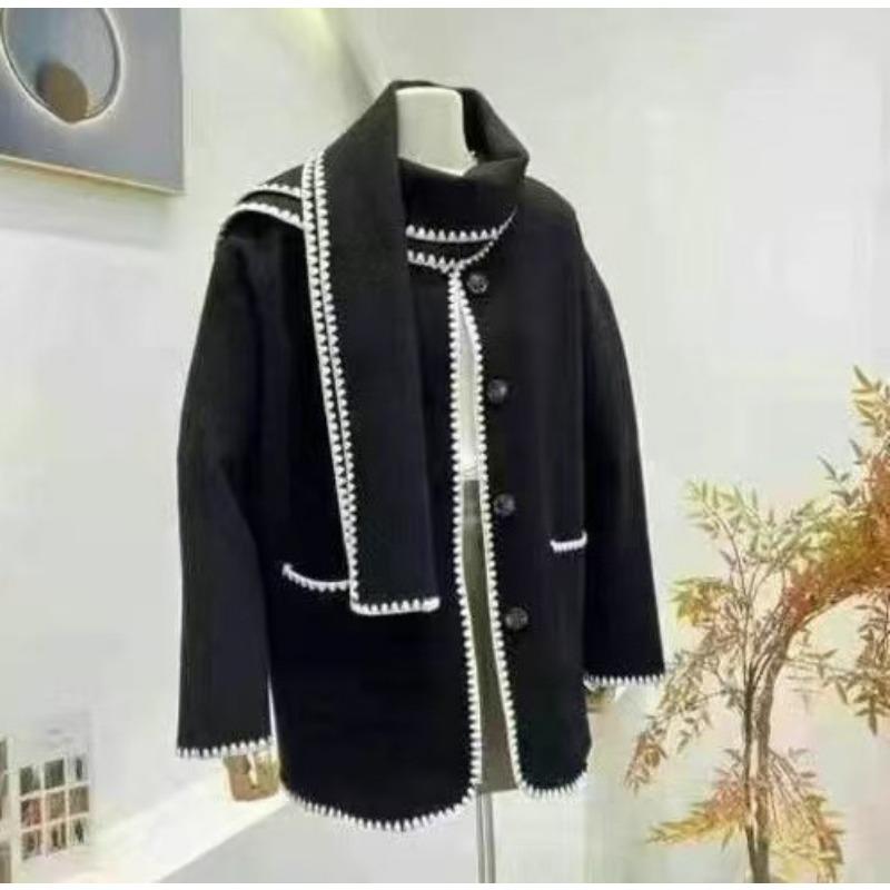 

Женский стильный шарф, сращенный с повседневной шерстяной курткой, модный универсальный свободный шерстяной топ, трендовый One size чёрный