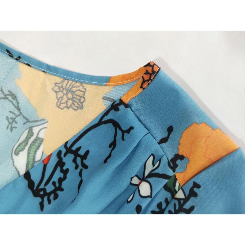 Women's Bohemian Print V-neck Button-up Seven-quarter Sleeve Skirt Dress