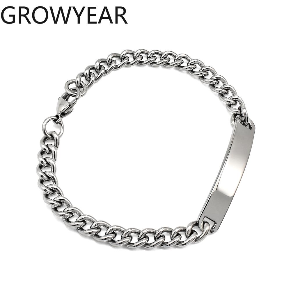 PVD Stainless Steel Custom Name Engraved Couple Silver Bracelet & Cuban Link Chain Personalized ID Bar Bracelet for Men & Women