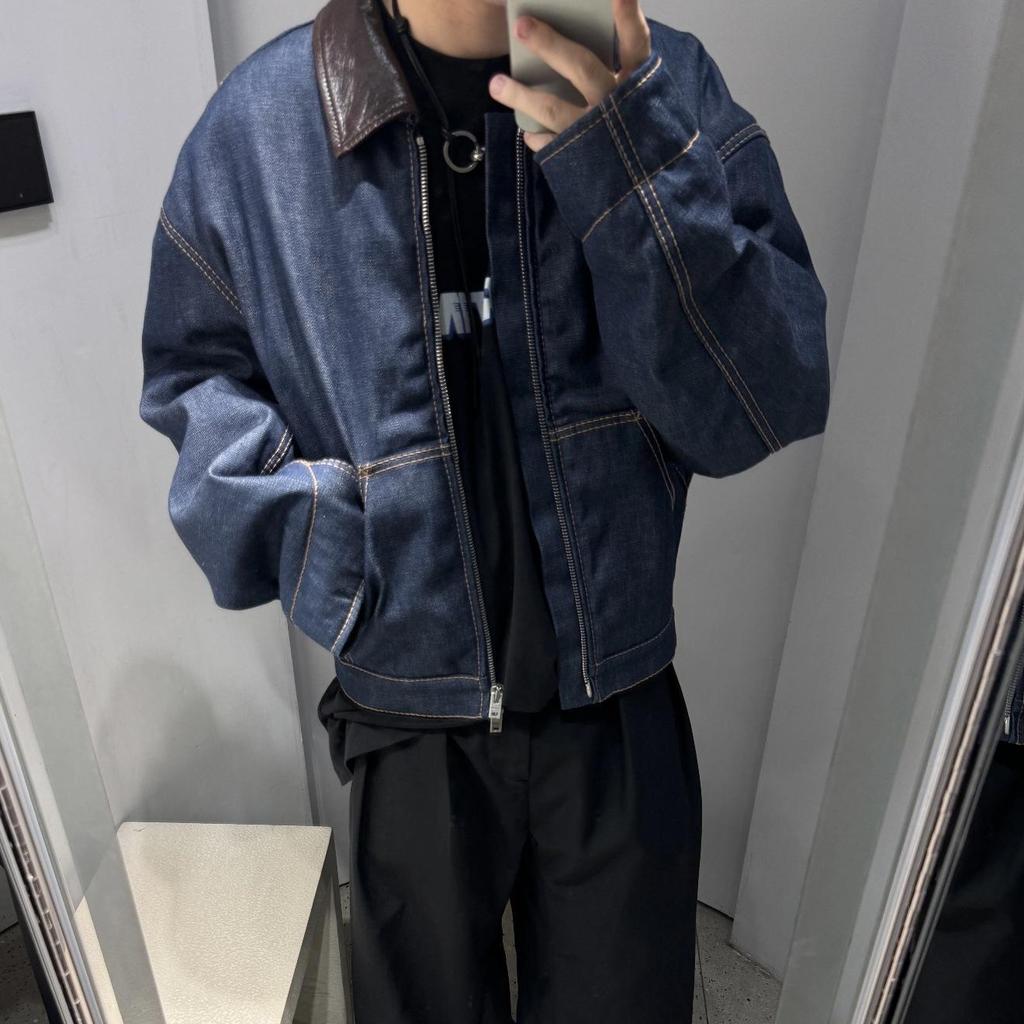 Wysokiej jakości Retro Dżinsowa Bawełniana Kurtka z Klapami i Zamkiem - Luźne Okrycie Wierzchnie w Stylu Stodoły