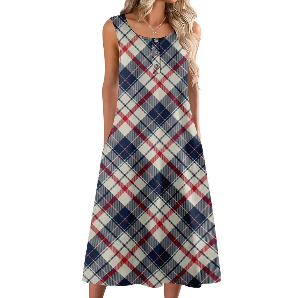 Women's Fashion Casual Sleeveless Button Plaid Print Dress with Pocket
