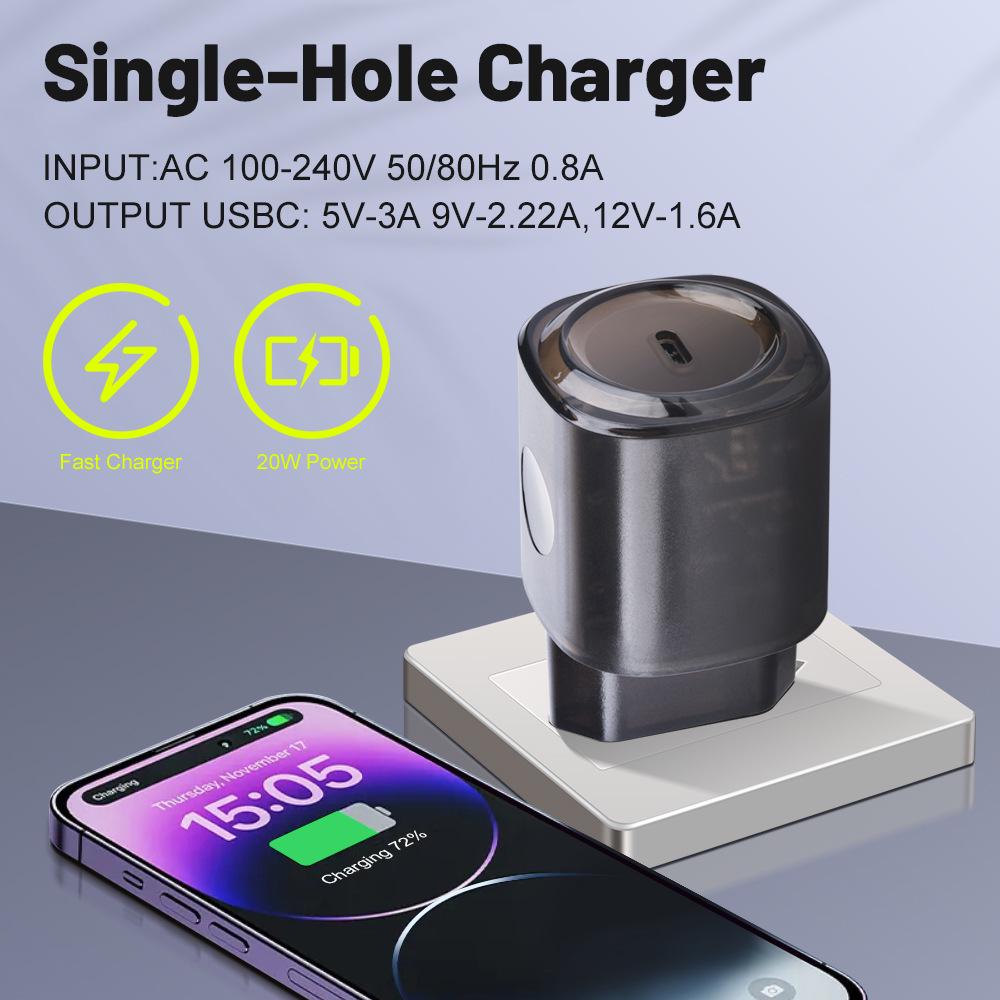 20W PD Fast Charging Phone Charger, Single Port - US/EU Specs, Travel Adapter
