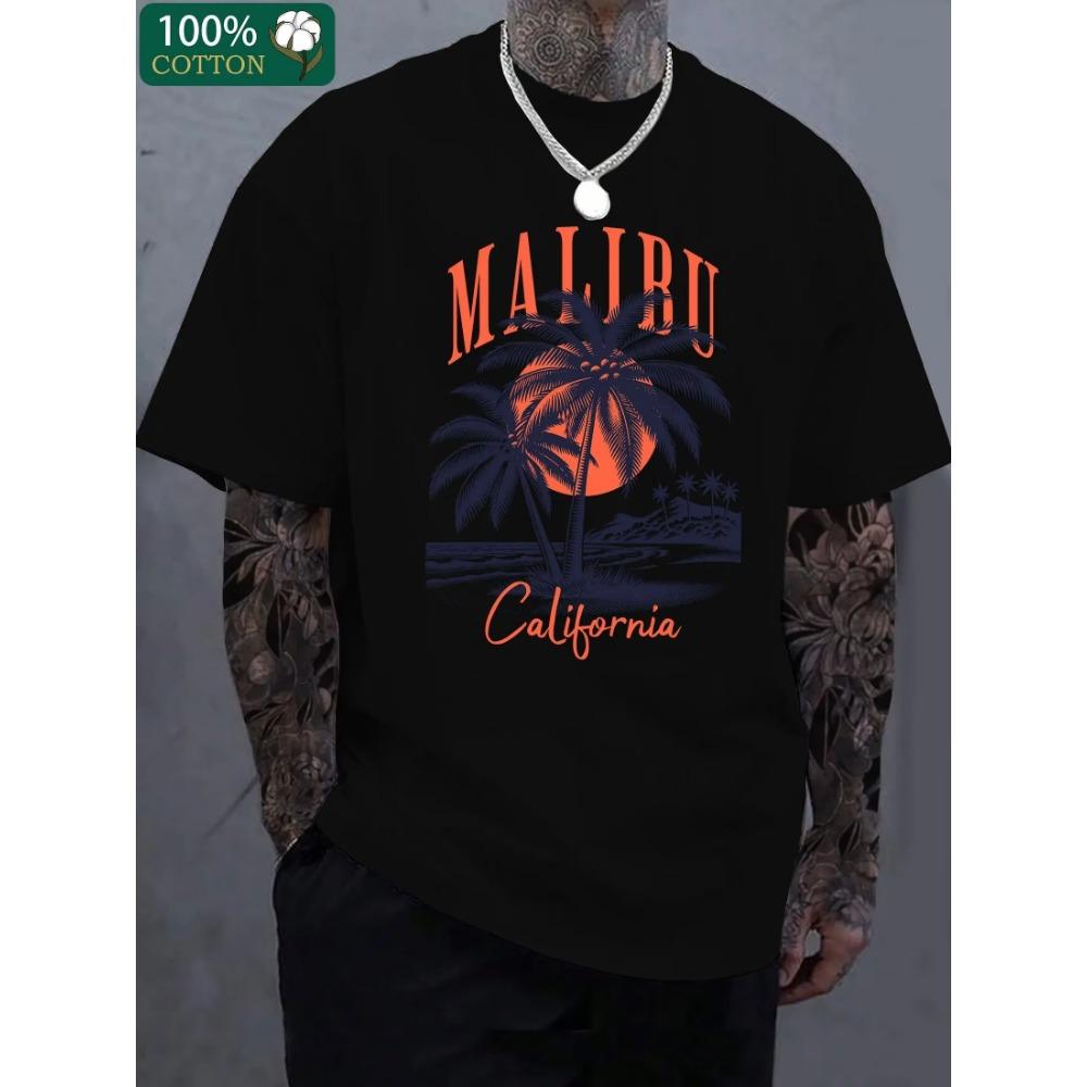 Men's Summer 100 Cotton Fashionable Casual Loose California Tropical Beach Pattern Printed Round Neck Short Sleeve T-shirt Top