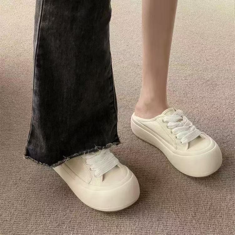 Milk fufu ugly cute big head thick sole new Japanese wide head niche canvas shoes can be stepped on half tray