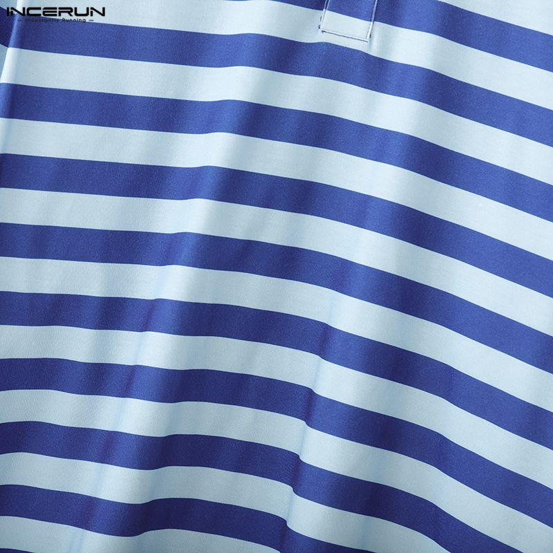 INCERUN Men Lapel Neck Long Sleeve Stitching Striped Casual Oversized T-shirts Tops