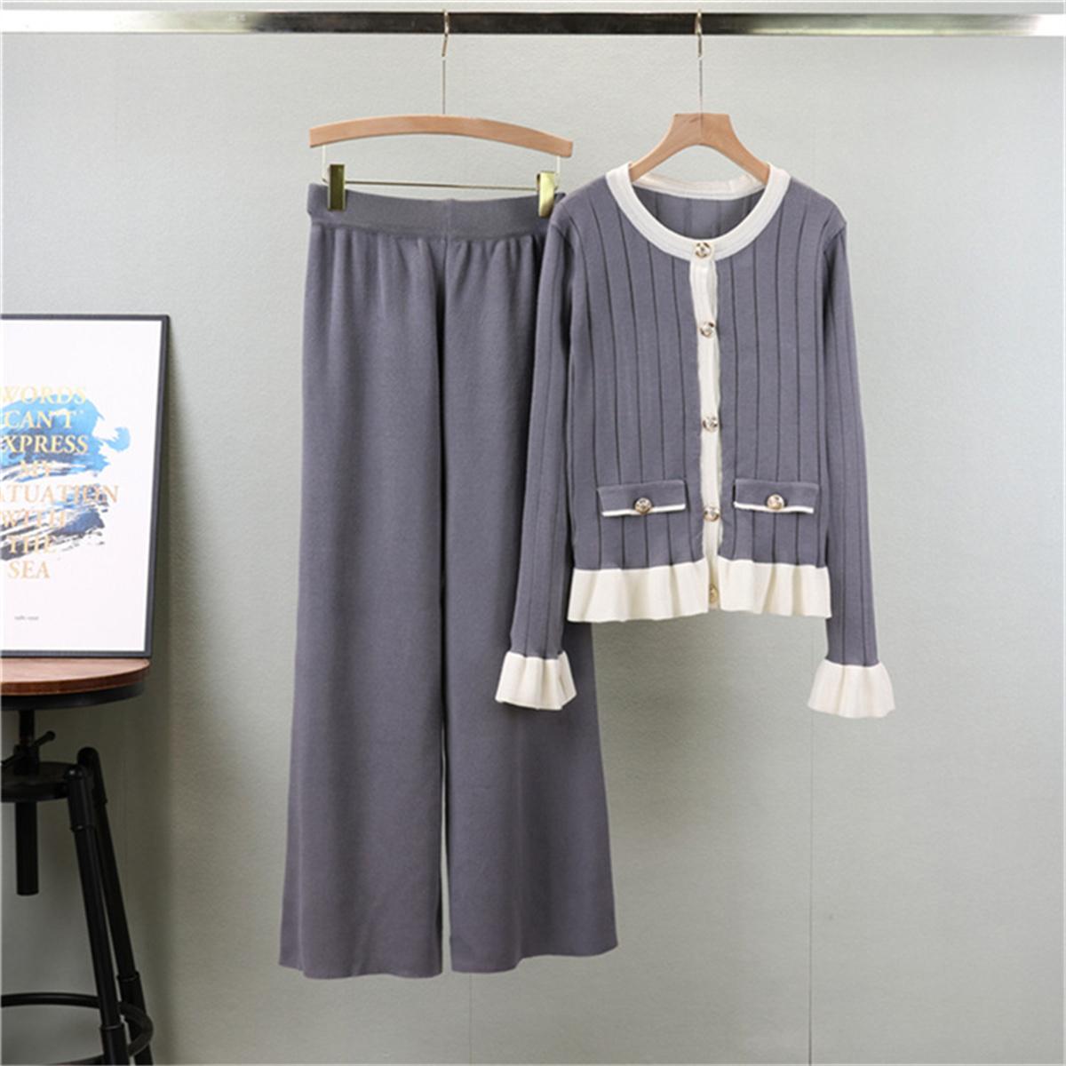 

Осенне-зимний трикотажный кардиган с рукавами-трубами и длинными рукавами, комплект женской моды, брюки с широкими штанинами, темпераментный комплект-двойка OneSize серый