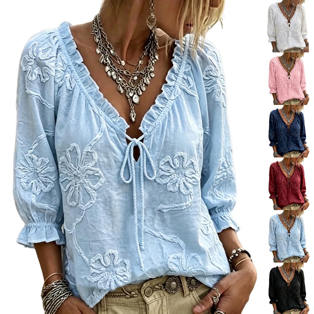 Damen Bluse mit Stickerei und Rüschen V-Ausschnitt