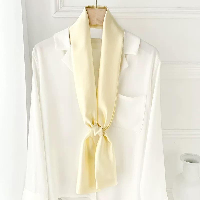Spring and Autumn New Fashion Solid Color Thin and Narrow Long Silk Scarf Women s Simulation Silk Professional Scarf Big Red Scarf Ribbon 15*145 cm бежевый