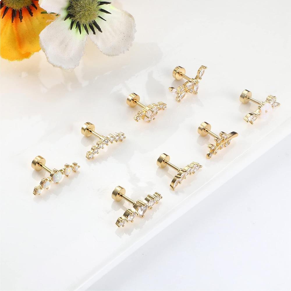 Bobisty 1pc 16G Cartilage Earring Stainless Steel Opal CZ Earrings Flat Back Cartilage Conch Helix Piercing Jewelry for Women