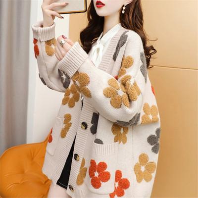 Women Sweater Coat V-Neck Long Sleeve Flower Pattern Knitted Cardigan with