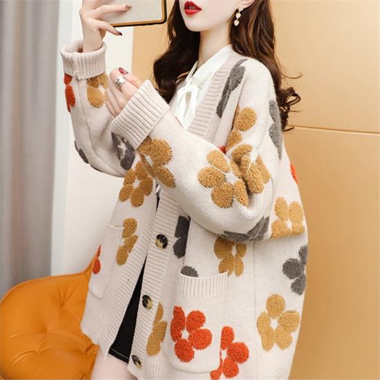 Women Sweater Coat V-Neck Long Sleeve Flower Pattern Knitted Cardigan with Pockets Loose Fit Autumn Winter Knitwear