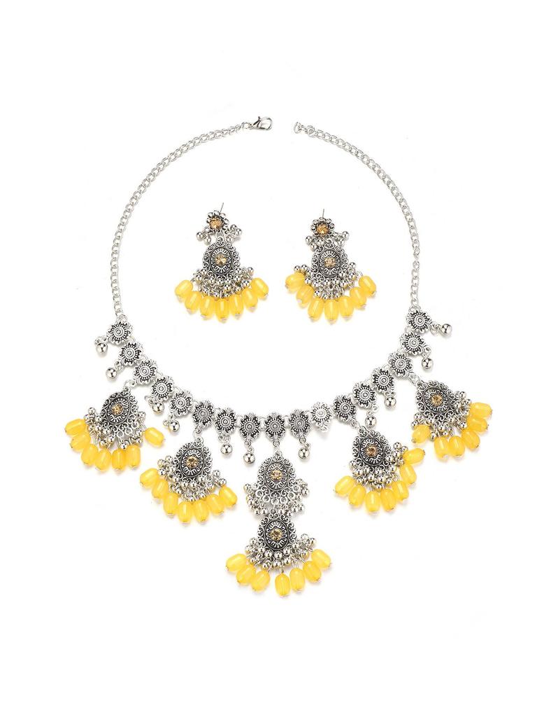 Exaggerated Indian-Style Rhinestone Tassel Necklace & Retro Ethnic Earrings Set