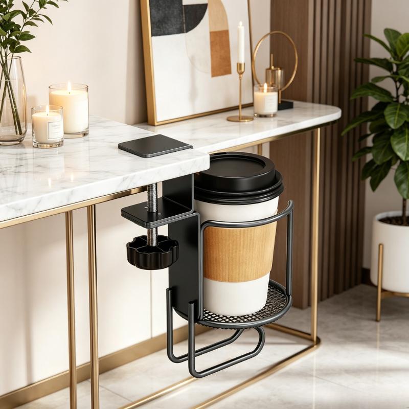 2-in-1 Rotating Desk Cup Holder, Drill-Free 360° Swivel Clamp, Anti-Fall Adjustable Cup Rack for Home and Office Table Edge