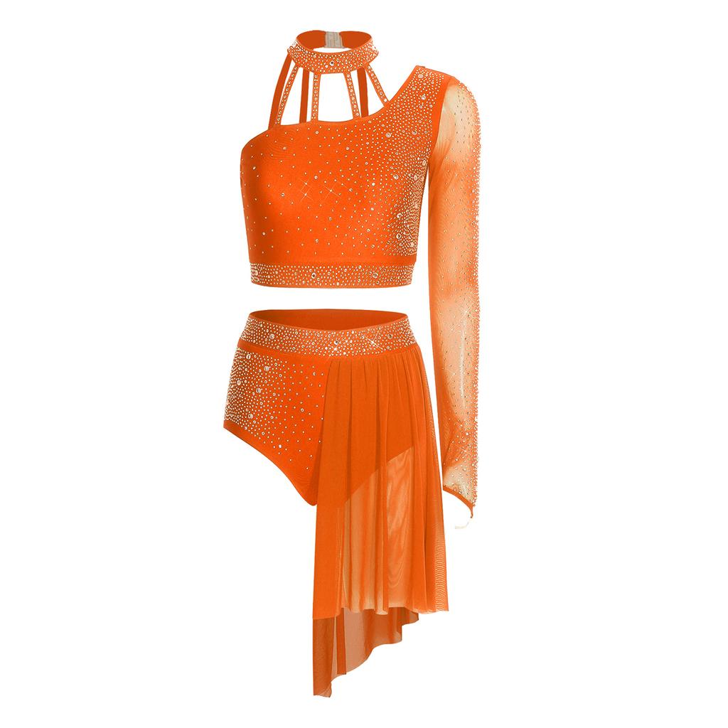 Completo da Donna Crop Top e Pantaloncini Scollo all'americana Manica Lunga Singola Schiena con Laccetti Orlo Asimmetrico in Rete Strass Danza Latina
