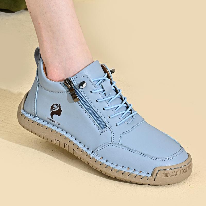 Women's Sneakers Round Toe Leather Shoes Fashion Casual Solid Color Zipper Boots