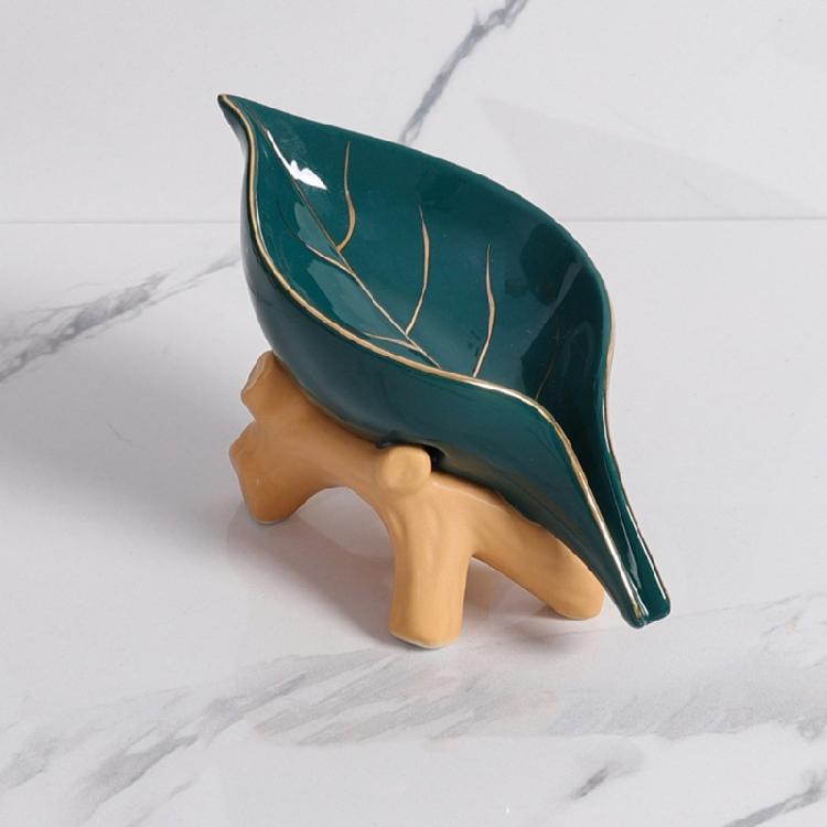 Modern Ceramic Soap Holder NonSlip Base Golden Leaf Pattern Soap Dish Organizers Tray for Bathroom Kitchen Essential