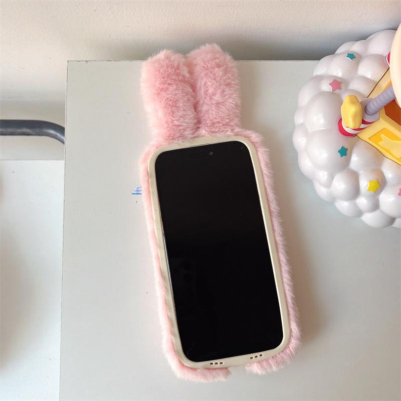 Kawaii 3D Cartoon Bowknot Rabbit Ears Warm Furry Plush Phone Case For iPhone Air 12 13 14 15 16 11 17 Pro Max Shockproof Cover