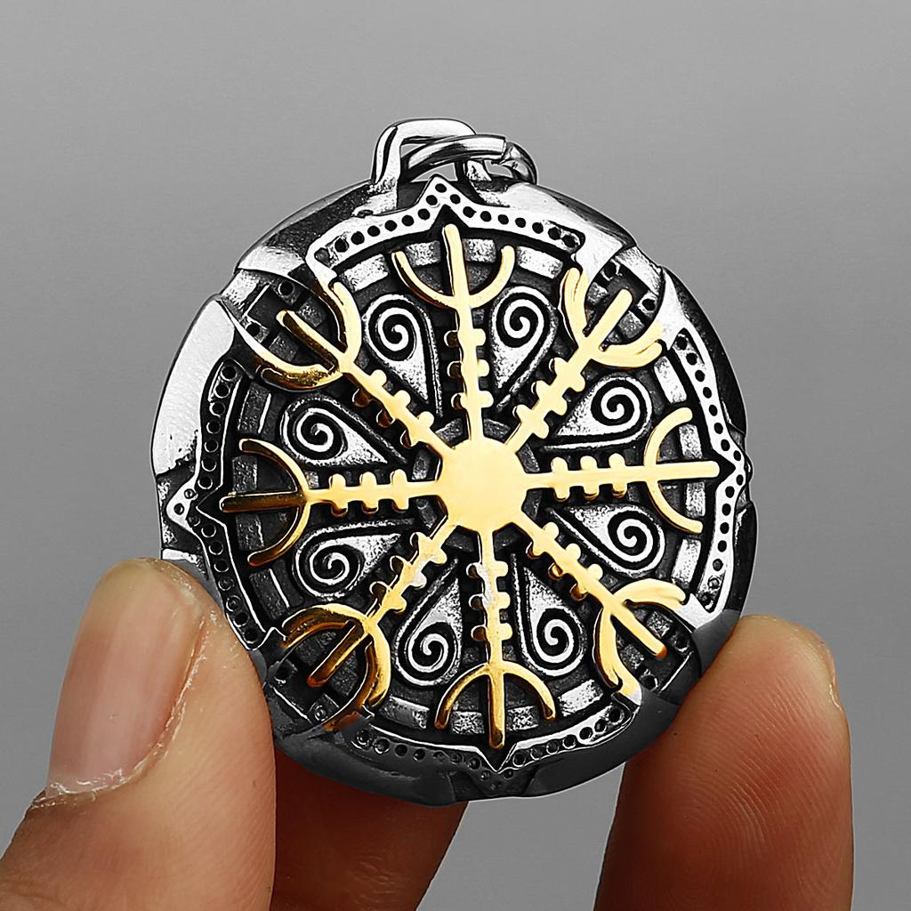 Viking Odin logo compass, titanium steel pendant, European and American style, stainless steel pendant necklace, including 60cm keel chain