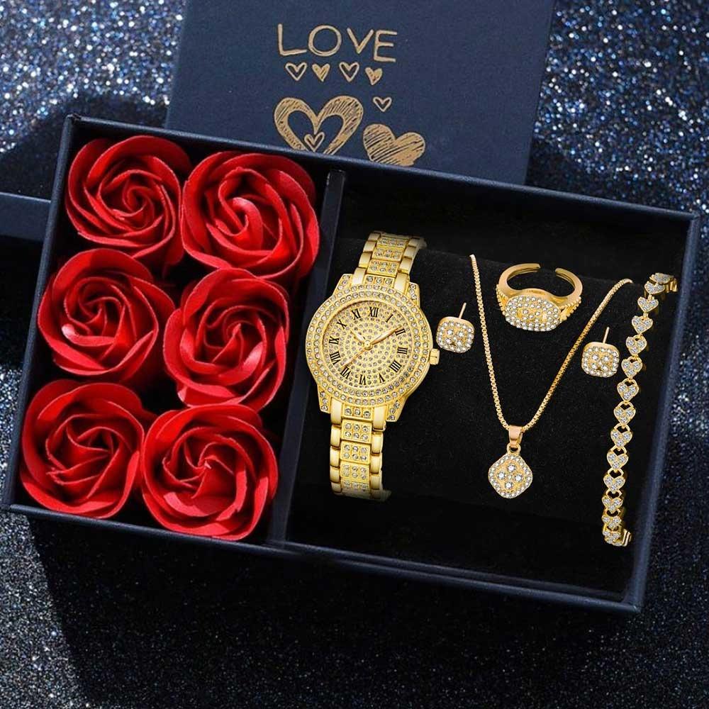 Ladies Watch Set, Steel Belt Full of Diamonds, High-end Quartz Watch Temperament, Business Leisure Watch Wholesale